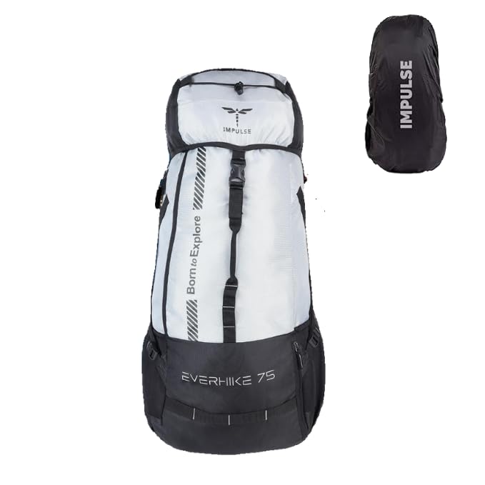Impulse Everhike 75L Travel bag Trekking with Rain Cover|Water Resistant|Padded Adjustable Shoulder Straps & Waist Belt | Ideal for Hiking, Camping & Travel Rucksack Backpack- Silver |1 Year Warranty - Image 1