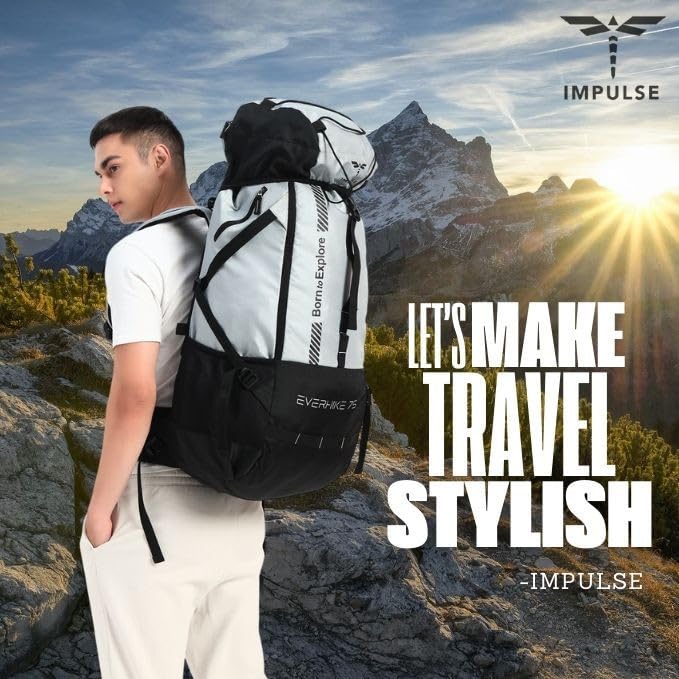 Impulse Everhike 75L Travel bag Trekking with Rain Cover|Water Resistant|Padded Adjustable Shoulder Straps & Waist Belt | Ideal for Hiking, Camping & Travel Rucksack Backpack- Silver |1 Year Warranty - Image 2