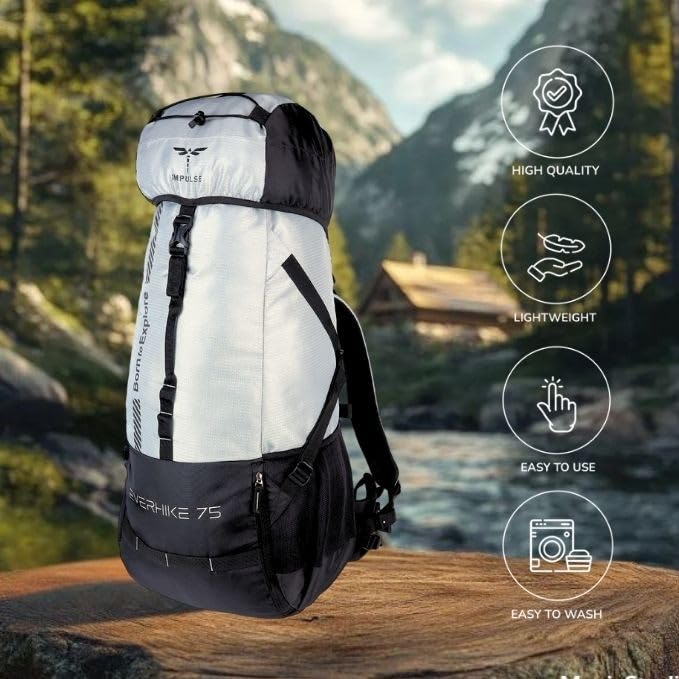 Impulse Everhike 75L Travel bag Trekking with Rain Cover|Water Resistant|Padded Adjustable Shoulder Straps & Waist Belt | Ideal for Hiking, Camping & Travel Rucksack Backpack- Silver |1 Year Warranty - Image 3