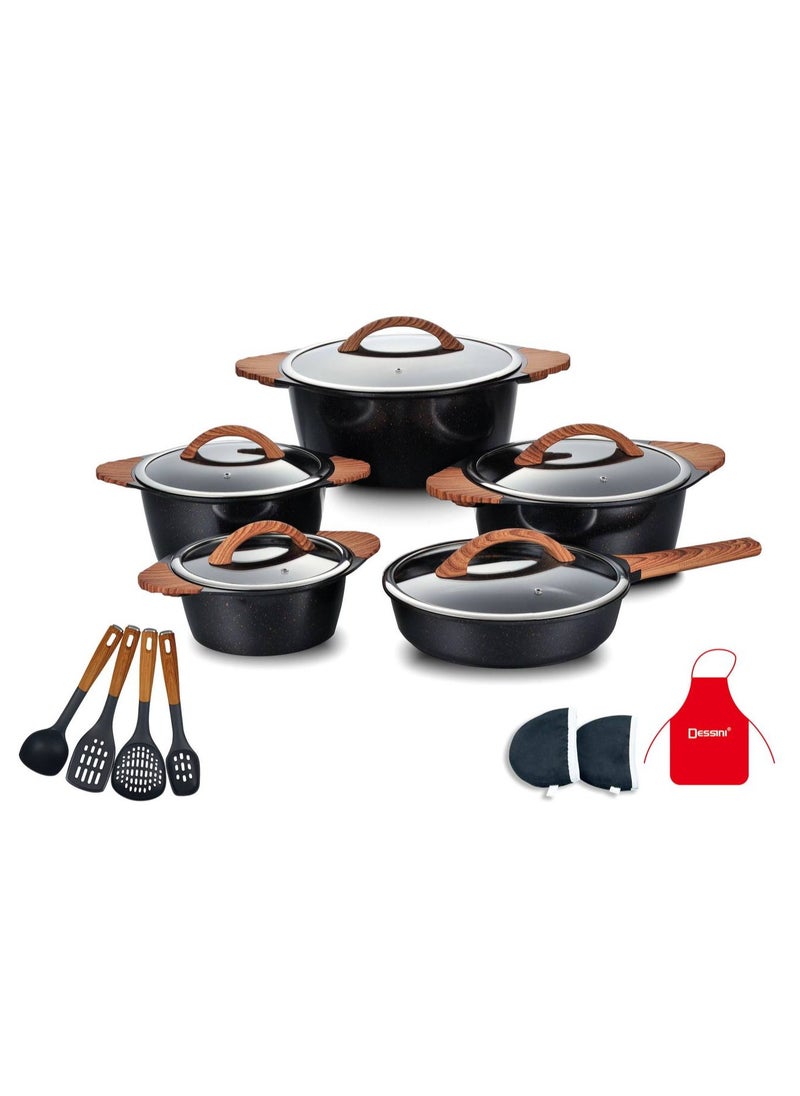 DESSINI 17-Piece Non Stick Granite Cookware Set 20/24/28/32Cm Casserole, 28Cm Shallow Casserole- PFOA Free - 2030 black 