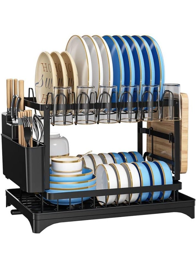 SKY-TOUCH حامل أطباق من طبقتين، حامل تجفيف أدوات المطبخ مع حاملة لوح التقطيع وصينية تصريف، حامل أطباق مقاوم للصدأ وقابل للطي بسعة كبيرة لتجفيف الأطباق للمطبخ باللون الأسود - Image 1