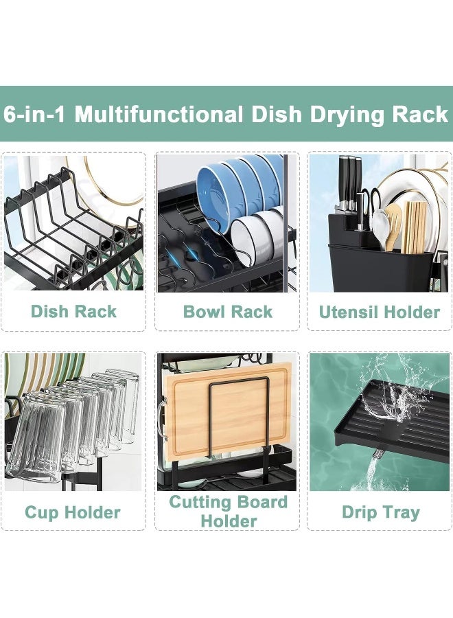 SKY-TOUCH حامل أطباق من طبقتين، حامل تجفيف أدوات المطبخ مع حاملة لوح التقطيع وصينية تصريف، حامل أطباق مقاوم للصدأ وقابل للطي بسعة كبيرة لتجفيف الأطباق للمطبخ باللون الأسود - Image 5