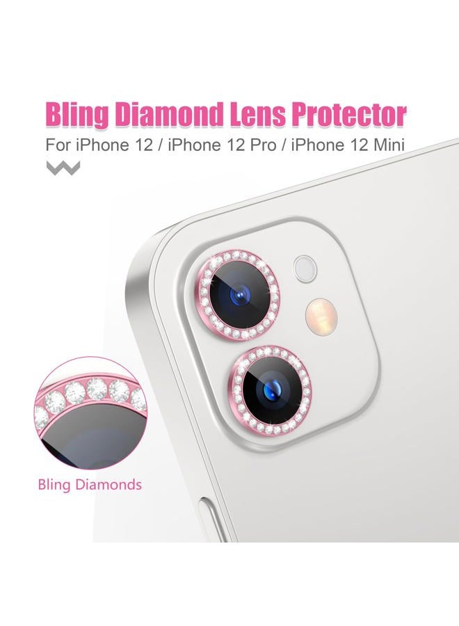 AGVEE 3+3 6 Pack for iphone 12 Pro/12/12 Mini/11 Pro Max/11 Pro/11 Camera Lens Cover Protector, Bling Diamond & Bling Glitter Metal Ring 9H Tempered HD Glass Camera Protector, Bling-Pink - Image 4
