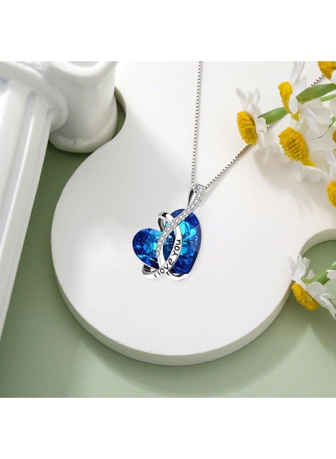 AOBOCO Jewelry I Love You Sterling Silver Heart Pendant Necklace for Girls with Blue Crystals from Swarovski Anniversary Birthday Gift for Women Girlfriend Wife Daughter Mother Sister Niece - Image 3