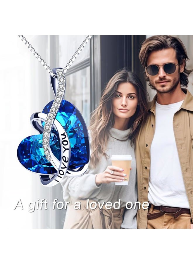 AOBOCO Jewelry I Love You Sterling Silver Heart Pendant Necklace for Girls with Blue Crystals from Swarovski Anniversary Birthday Gift for Women Girlfriend Wife Daughter Mother Sister Niece - Image 4