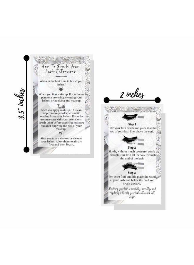 Boutique Marketing LLC How to Brush Lash Extensions Aftercare Cards | 50 Pack | Matches Silver Druzy Lash Brush Wands | White with Silver Design  - Image 3