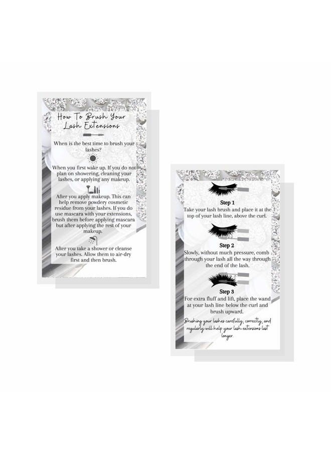Boutique Marketing LLC How to Brush Lash Extensions Aftercare Cards | 50 Pack | Matches Silver Druzy Lash Brush Wands | White with Silver Design  - Image 2