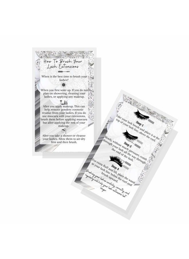 Boutique Marketing LLC How to Brush Lash Extensions Aftercare Cards | 50 Pack | Matches Silver Druzy Lash Brush Wands | White with Silver Design  - Image 1