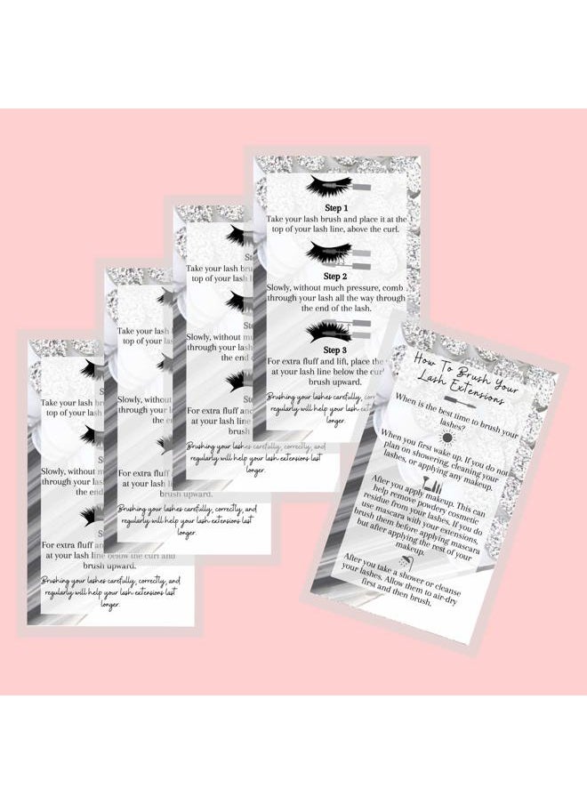 Boutique Marketing LLC How to Brush Lash Extensions Aftercare Cards | 50 Pack | Matches Silver Druzy Lash Brush Wands | White with Silver Design  - Image 5