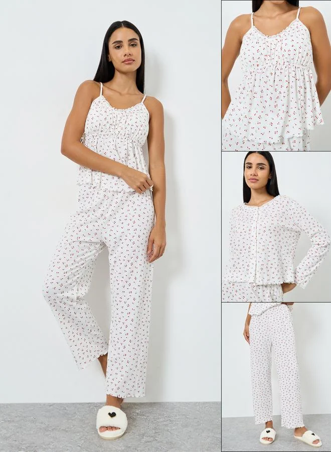 ستايلي طقم بيجاما من 3 بنطال وبلوزة مع بلوزة كامي بطبعة كرز