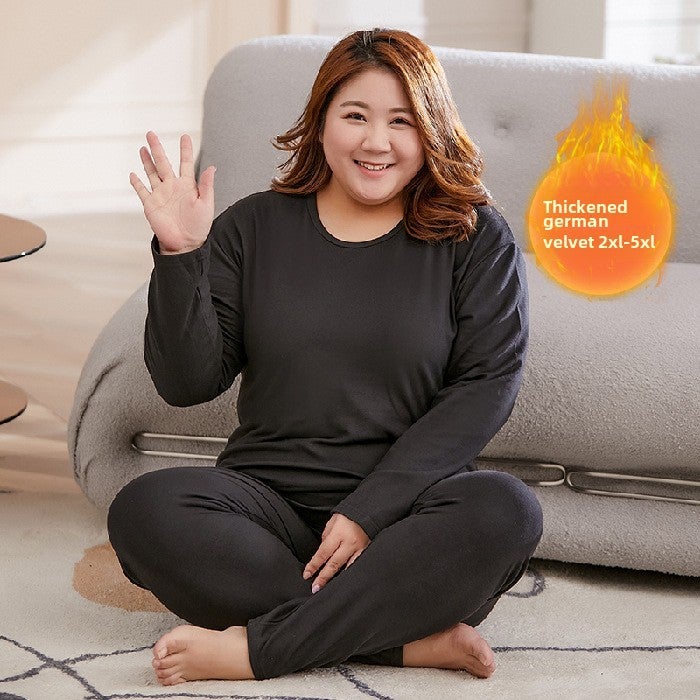 Warm underwear ladies winter thick fat mm220 kg middle-aged mother long sleeve pants two warm clothes 8888# [Black]] - Image 1