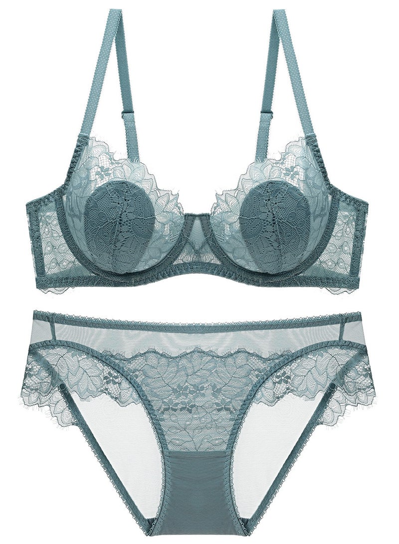 Comfy Thin Cup Lace Bra And Panty Set Dusty Blue