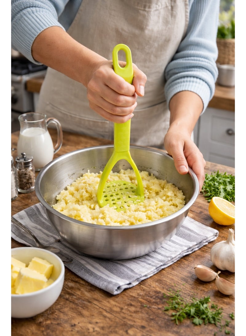 Manual Plastic Potato and Food Masher with Ergonomic Grip, Non-Scratch for Non-Stick Cookware - (Green / Pink) - Image 3