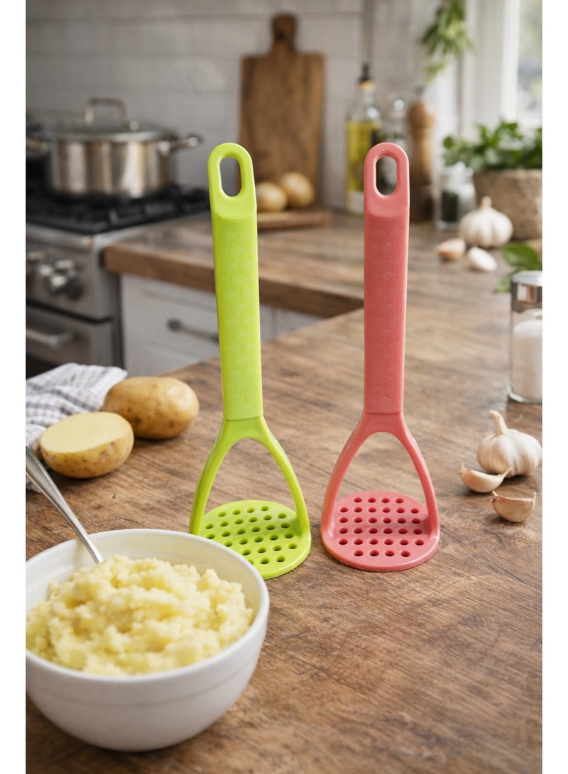 Manual Plastic Potato and Food Masher with Ergonomic Grip, Non-Scratch for Non-Stick Cookware - (Green / Pink) - Image 2