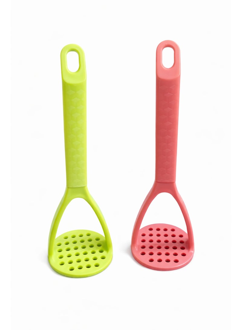 Manual Plastic Potato and Food Masher with Ergonomic Grip, Non-Scratch for Non-Stick Cookware - (Green / Pink) - Image 1