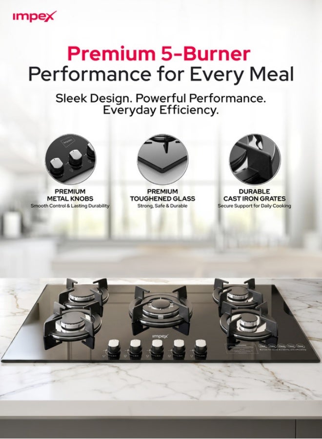 Impex Built-in 5 Burner Glass Gas Hob, Sabaf Burners, 8mm Tempered Glass Cooktop, Cast Iron Pan Support, Auto Ignition, Triple Ring Wok Burner, Metal Knobs, 2-Year Warranty - BIHG5 5 BIHG5 Black and Silver - Image 2
