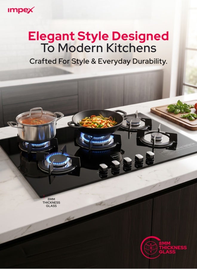 Impex Built-in 5 Burner Glass Gas Hob, Sabaf Burners, 8mm Tempered Glass Cooktop, Cast Iron Pan Support, Auto Ignition, Triple Ring Wok Burner, Metal Knobs, 2-Year Warranty - BIHG5 5 BIHG5 Black and Silver - Image 4