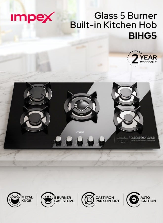 5-Burner Toughened Glass Built-in Gas Hob | High Heat Output | Sabaf Burners | Kitchen Hob with Heavy Cast Iron Pan Support, Auto Ignition, Metal Knobs | Work, Rapid, Semi-Rapid & Auxiliary Burners | Fast Cooking, Modern Cooktop for Home Kitchen | BIHG5 5 BIHG5 Black and Silver