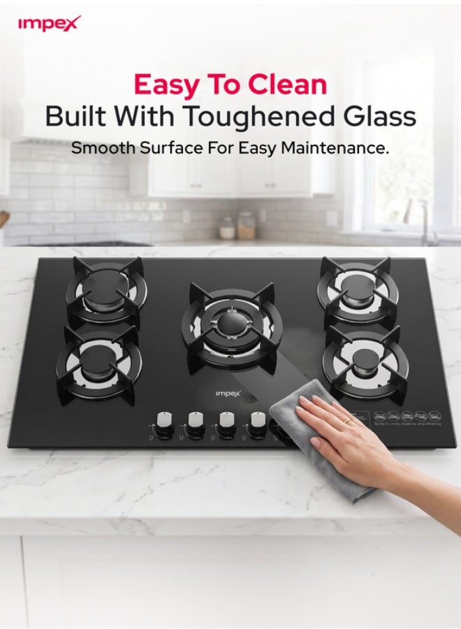 Impex Built-in 5 Burner Glass Gas Hob, Sabaf Burners, 8mm Tempered Glass Cooktop, Cast Iron Pan Support, Auto Ignition, Triple Ring Wok Burner, Metal Knobs, 2-Year Warranty - BIHG5 5 BIHG5 Black and Silver - Image 5