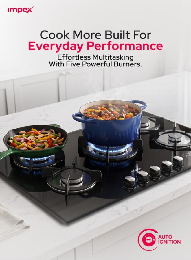 Impex Built-in 5 Burner Glass Gas Hob, Sabaf Burners, 8mm Tempered Glass Cooktop, Cast Iron Pan Support, Auto Ignition, Triple Ring Wok Burner, Metal Knobs, 2-Year Warranty - BIHG5 5 BIHG5 Black and Silver - Image 3