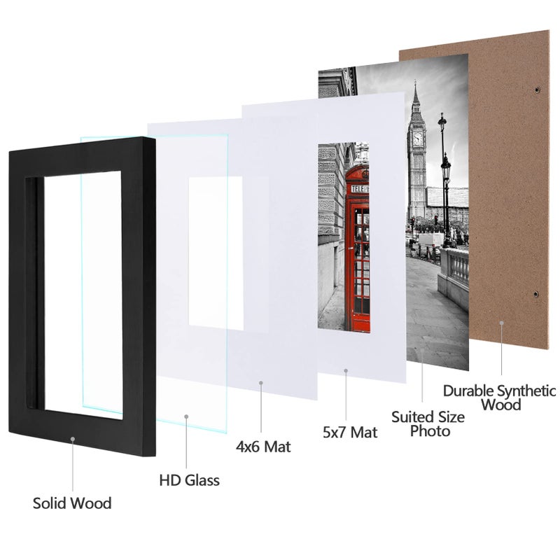eletecpro 8x10 Picture Frame Made of Solid Wood with Glass Cover  Display 4x6/5x7 with Mat or 8x10 without Mat for Wall or Tabletop Display  Black - Image 2