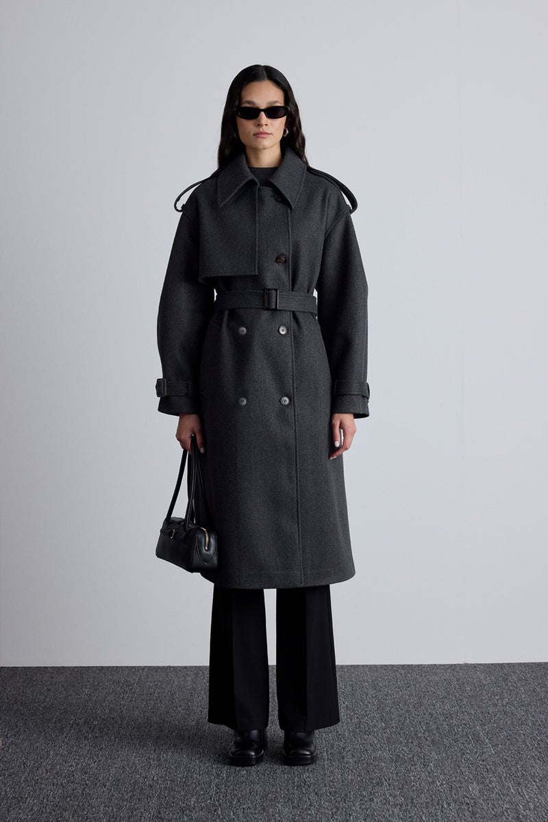 Manuka Epaulette Detailed Cashmere Coat Anthracite  - Image 5