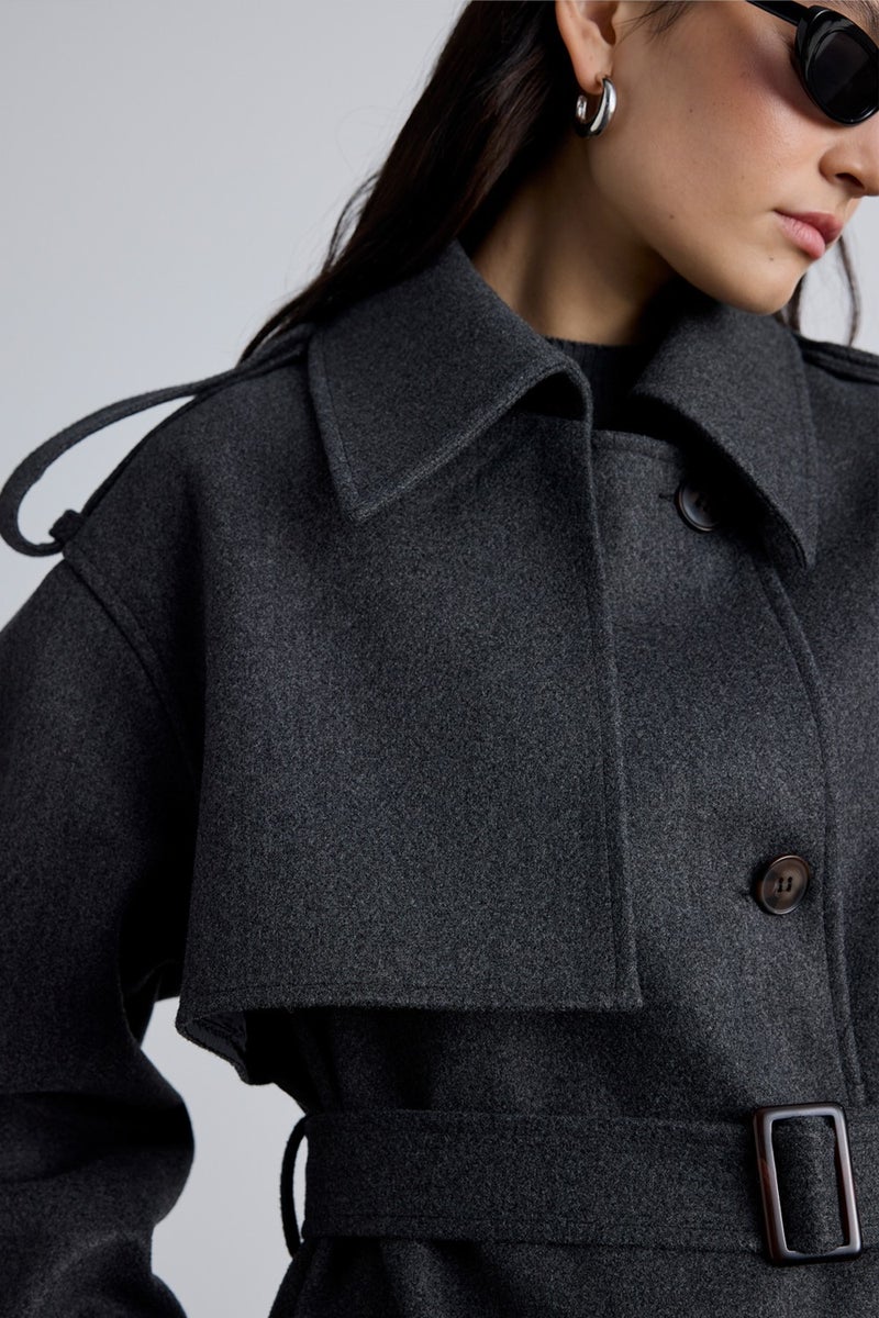 Manuka Epaulette Detailed Cashmere Coat Anthracite  - Image 4