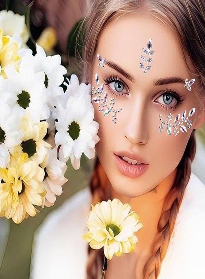 6 Sheets Face Gems Stickers Women Diamond Forehead Sticker Colorful Rhinestones Pearl Flowers Butterfly Decoration Birthday Festival Party Self-Adhesive Body DIY Art Decals (White) - Image 2