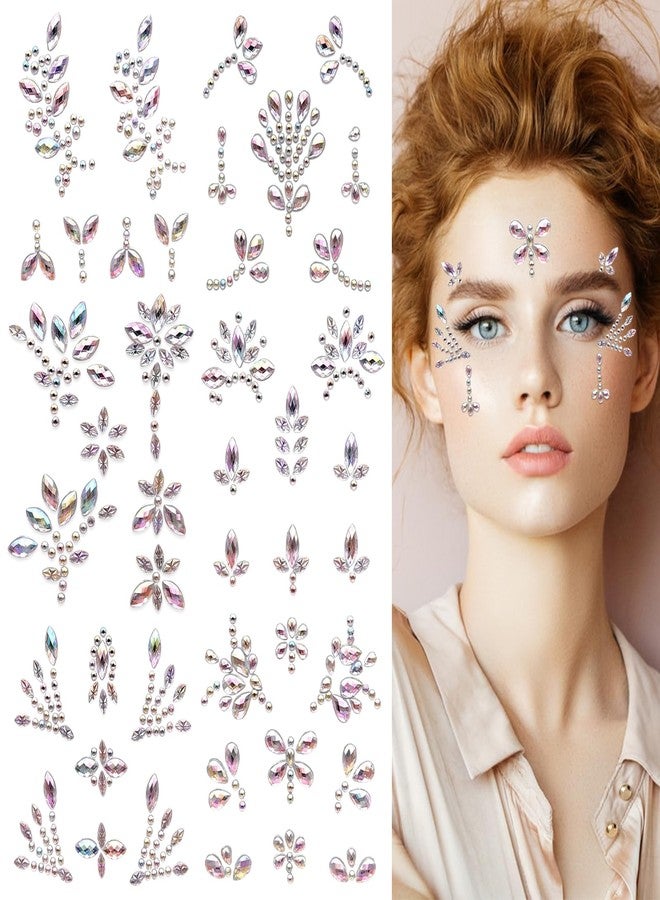 6 Sheets Face Gems Stickers Women Diamond Forehead Sticker Colorful Rhinestones Pearl Flowers Butterfly Decoration Birthday Festival Party Self-Adhesive Body DIY Art Decals (White) - Image 1