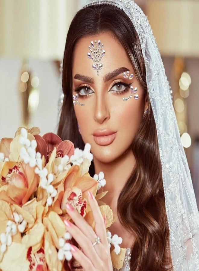 6 Sheets Face Gems Stickers Women Diamond Forehead Sticker Colorful Rhinestones Pearl Flowers Butterfly Decoration Birthday Festival Party Self-Adhesive Body DIY Art Decals (White) - Image 3