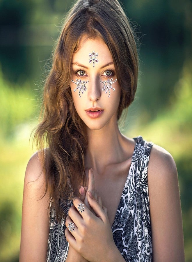 6 Sheets Face Gems Stickers Women Diamond Forehead Sticker Colorful Rhinestones Pearl Flowers Butterfly Decoration Birthday Festival Party Self-Adhesive Body DIY Art Decals (White) - Image 4