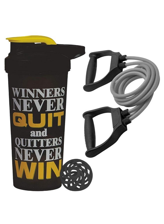 FIT FOCUS Gym Motivational Winner Never Quit Protein Shaker Bottle 700ml with Exerise Resistance Band, Adjustable Resistance levels to suit beginners and advanced, For Men & Women (Yelloe)