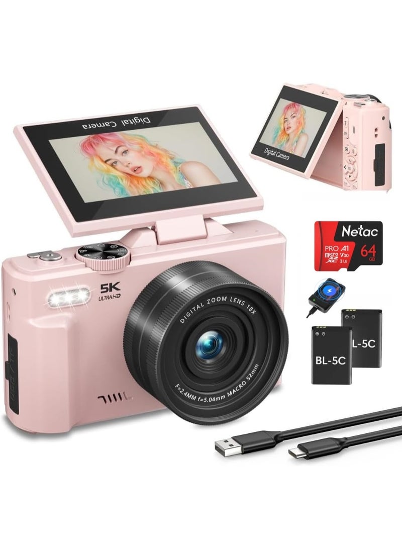 Lecran 5K Ultra HD Digital Camera, 75MP, 3" Flip Screen, Wide Angle & Macro Lens, 64GB Card, Dual Battery, Compact Camera for Photography & Vlogging - Image 1