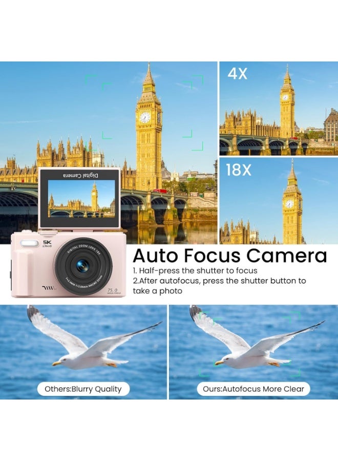 Lecran 5K Ultra HD Digital Camera, 75MP, 3" Flip Screen, Wide Angle & Macro Lens, 64GB Card, Dual Battery, Compact Camera for Photography & Vlogging - Image 3