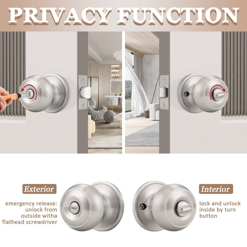 Probrico 5 Pack Round Privacy Door Knob(Thumb Turn Lock on The Inside), Keyless Doorknobs Interior/Exterior Lockset,Privacy Knobs for Bedroom/Bathroom,Satin Nickel Modern Design Door Hardware - Image 4