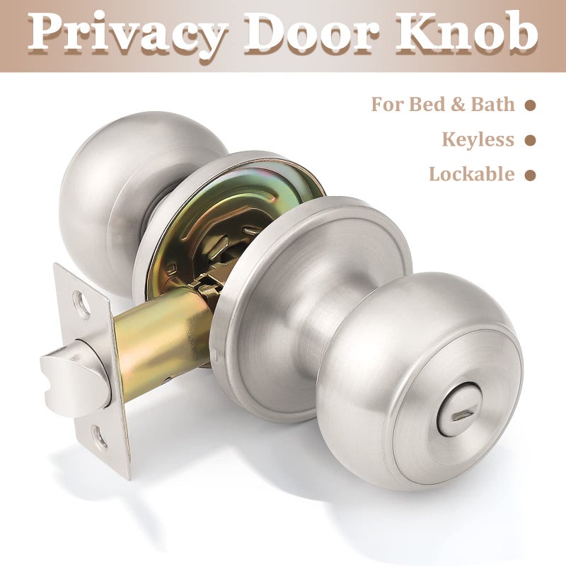 Probrico 5 Pack Round Privacy Door Knob(Thumb Turn Lock on The Inside), Keyless Doorknobs Interior/Exterior Lockset,Privacy Knobs for Bedroom/Bathroom,Satin Nickel Modern Design Door Hardware - Image 2