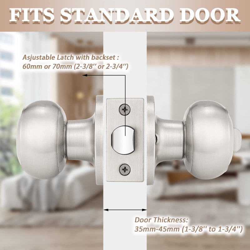 Probrico 5 Pack Round Privacy Door Knob(Thumb Turn Lock on The Inside), Keyless Doorknobs Interior/Exterior Lockset,Privacy Knobs for Bedroom/Bathroom,Satin Nickel Modern Design Door Hardware - Image 3