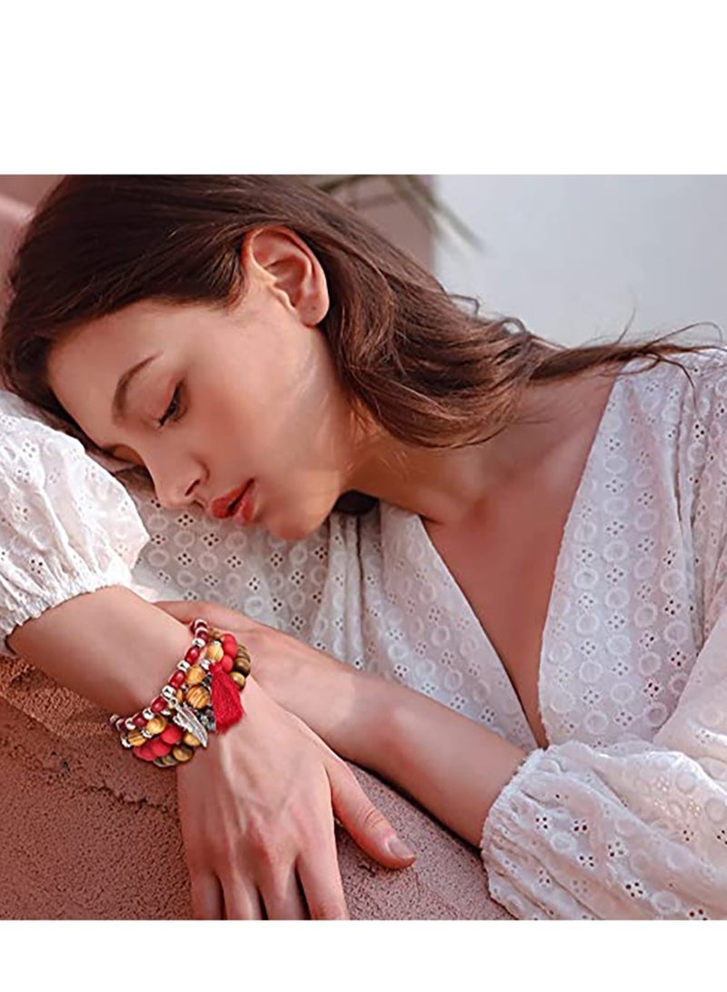 Excefore Bohemian Stackable Bead Bracelets, 6 Sets Stretch Beaded Bracelets Multi-Color Boho Jewelry for Women Multilayer Bracelet Boho - Image 4