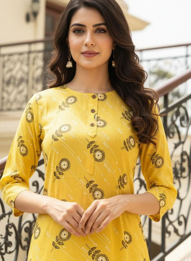 Saka Designs Floral Printed Yellow Kurta for Women