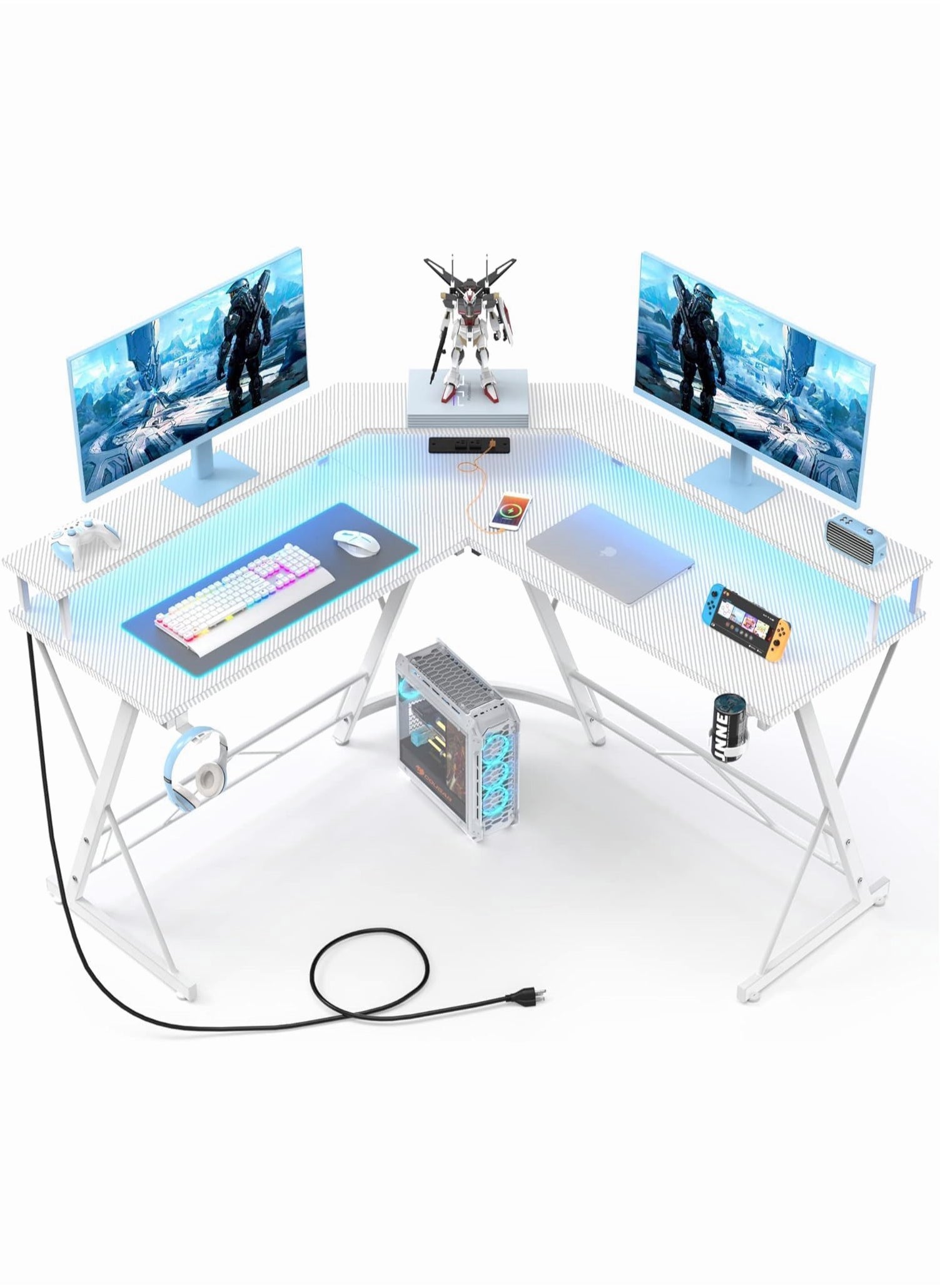 Chulovs Gaming Desk 126Cm With Led Strip & Power Outlets, L-Shaped Corner Desk Carbon Fiber Surface With Monitor Stand, Table With Cup Holder, Headphone Hook 126X126X91 Cm 