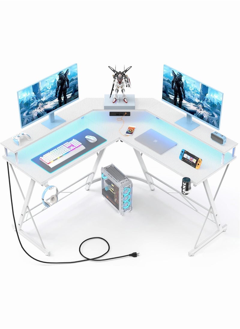 Chulovs Chulovs Gaming Desk 126Cm With Led Strip & Power Outlets, L-Shaped Corner Desk Carbon Fiber Surface With Monitor Stand, Table With Cup Holder, Headphone Hook 126X126X91 Cm  - Image 1