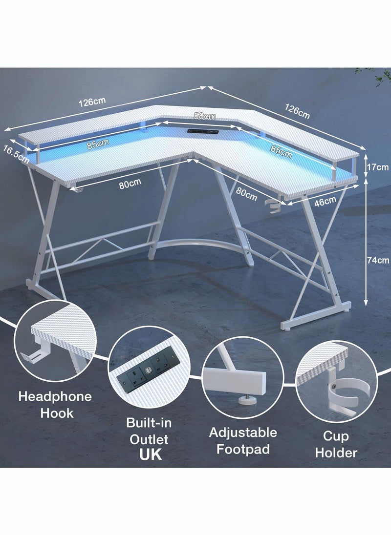 Chulovs Chulovs Gaming Desk 126Cm With Led Strip & Power Outlets, L-Shaped Corner Desk Carbon Fiber Surface With Monitor Stand, Table With Cup Holder, Headphone Hook 126X126X91 Cm  - Image 3
