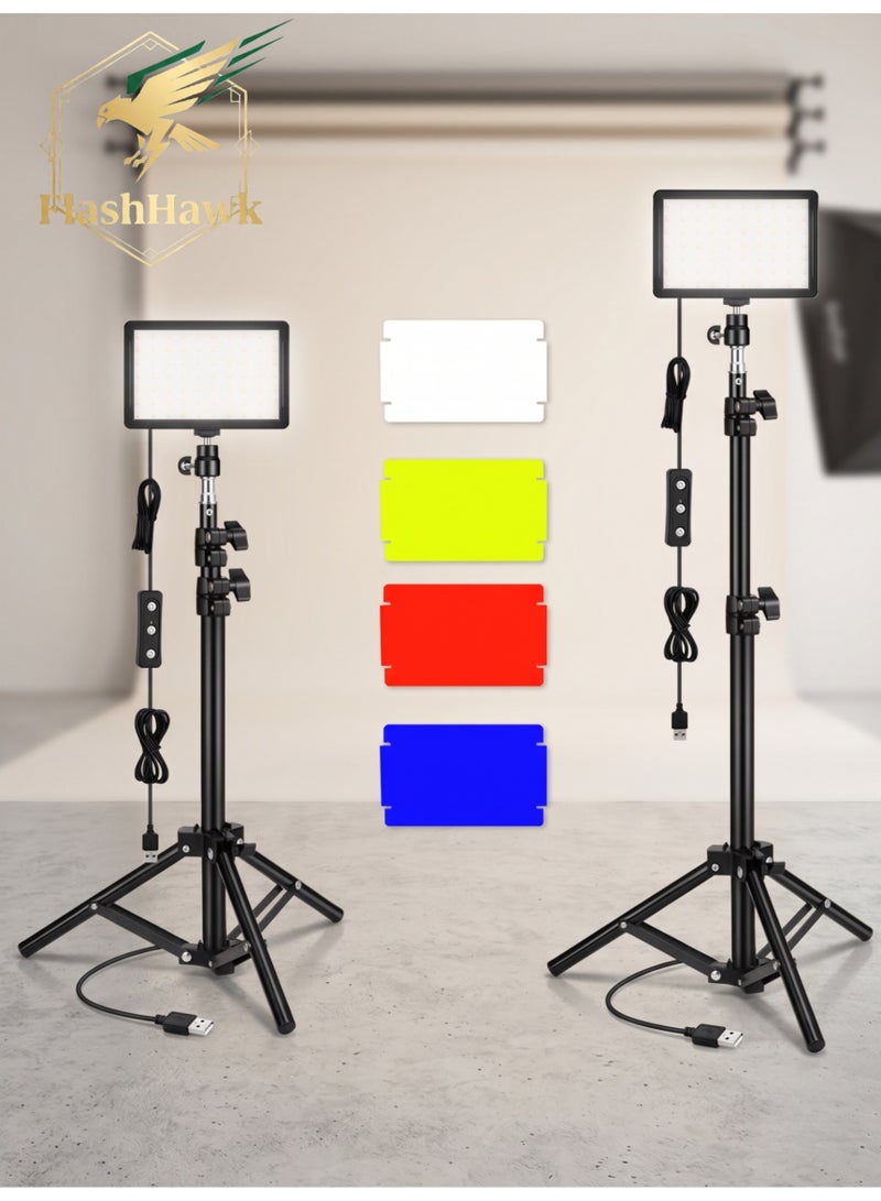 FlashHawk 2 Packs LED Video Light Kit, 5600K Photography Lighting with Adjustable Tripod Stand & 4 Color Filters for Photography, Vlogging & Streaming Black - Image 1