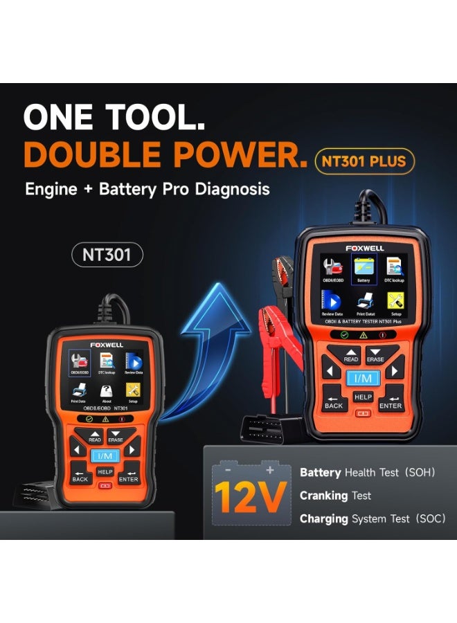 FOXWELL NT301 Plus 2 in 1 OBD2 Scanner Battery Tester, OBDII Diagnostic Tool Check Engine Car Code Reader, 12V 100-1100CCA Cranking Charging System Alternator Test, Live Data, Full ODB2 Diagnosis - Image 2