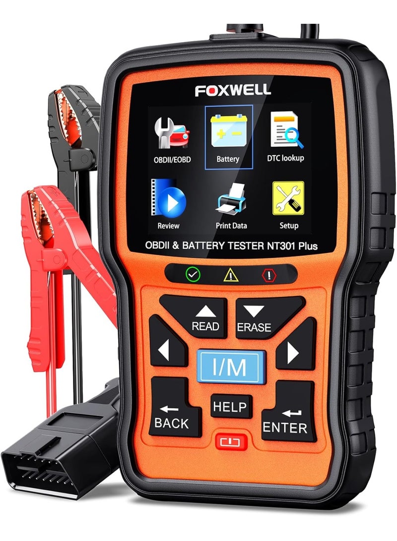 FOXWELL NT301 Plus 2 in 1 OBD2 Scanner Battery Tester, OBDII Diagnostic Tool Check Engine Car Code Reader, 12V 100-1100CCA Cranking Charging System Alternator Test, Live Data, Full ODB2 Diagnosis - Image 1