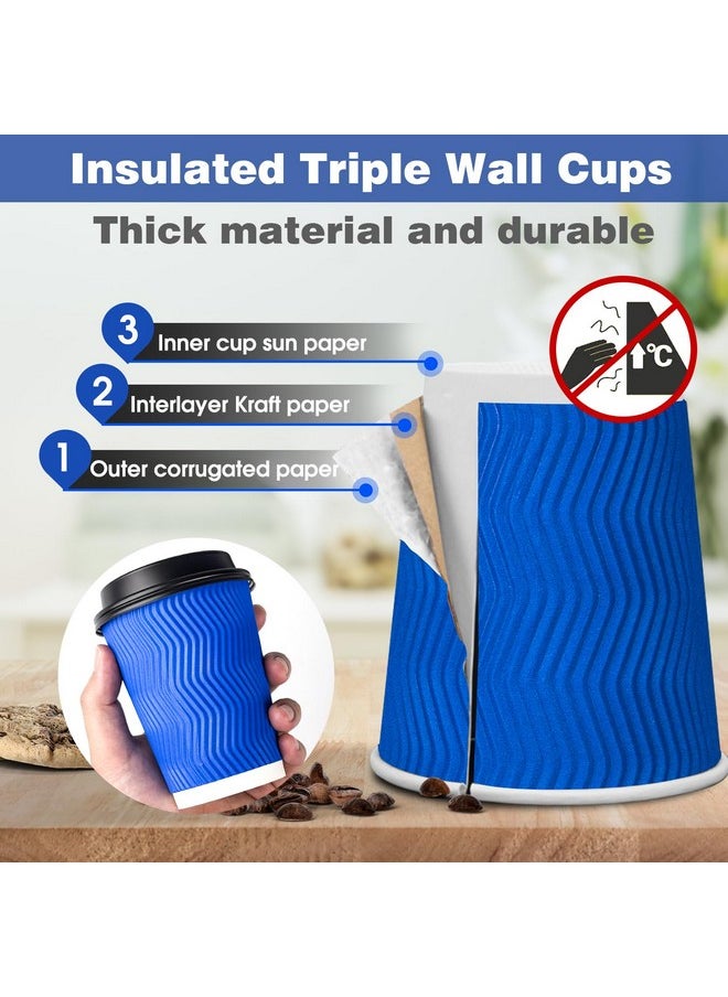 Ginkgo Ginkgo Disposable To Go Coffee Cups with Lids 12 oz 100 Pack, Double Wall Ripple Insulated Blue Paper Cups for Hot Beverage, Chocolate, Cocoa and coffee  - Image 3