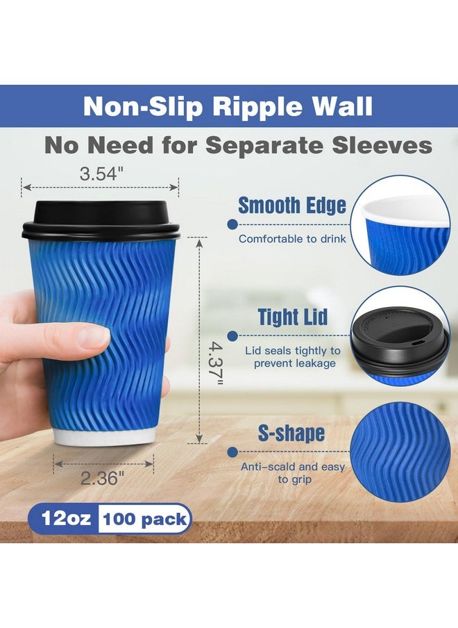 Ginkgo Ginkgo Disposable To Go Coffee Cups with Lids 12 oz 100 Pack, Double Wall Ripple Insulated Blue Paper Cups for Hot Beverage, Chocolate, Cocoa and coffee  - Image 2