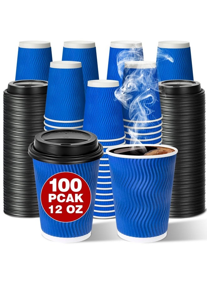 Ginkgo Ginkgo Disposable To Go Coffee Cups with Lids 12 oz 100 Pack, Double Wall Ripple Insulated Blue Paper Cups for Hot Beverage, Chocolate, Cocoa and coffee  - Image 1