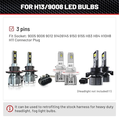 RED WOLF محول مصباح هالوجين H13 9008 من RED WOLF 3 دبابيس ذكر وأنثى مع موصلات سلكية - Image 3