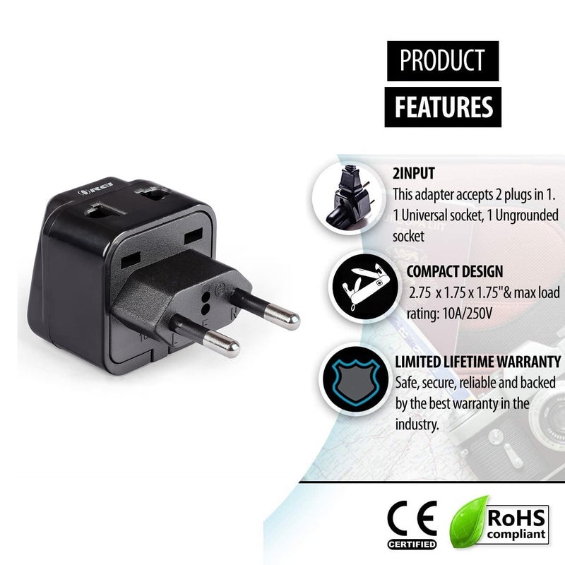 OREI Europe Adapter Set Schuko Type EF Type C Universal to Europe Travel Adapter 2 in 1 CE Certified RoHS Compliant Works in Most of Europe Albania Austria Belgium Greece - Image 4